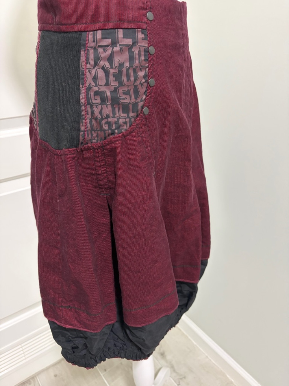 Burgundy and Black Corduroy Bubble Hem Skirt Made in Europe